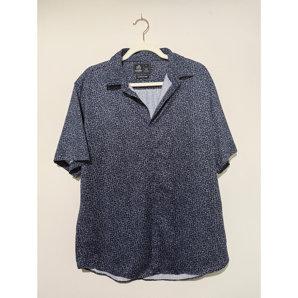 Rugby University Mens Large Navy Blue Floral Stretch Short Sleeve Button Down